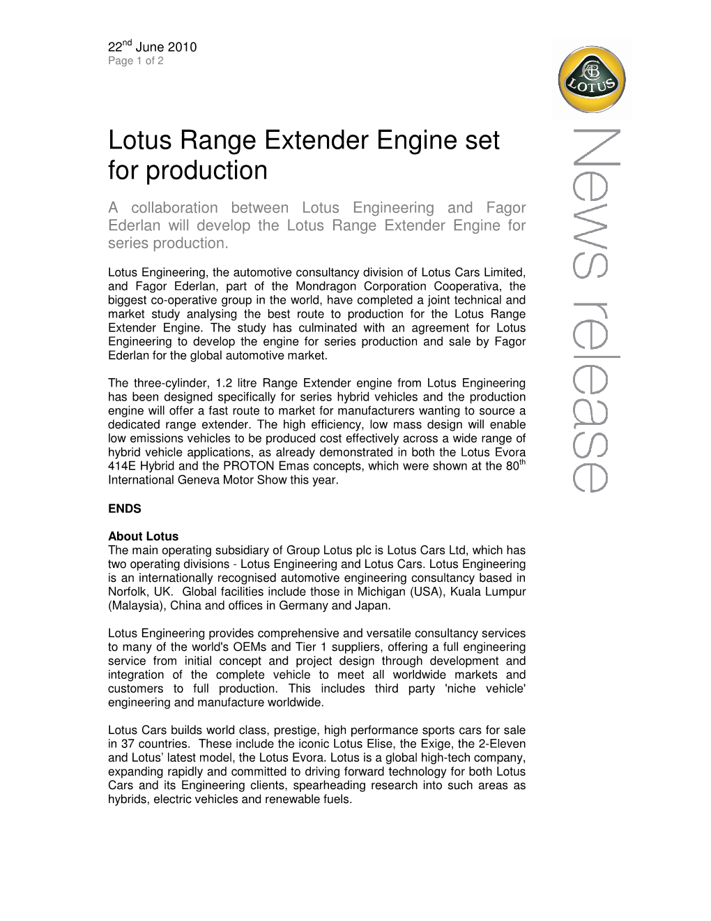 Lotus Range Extender Engine Set for Production