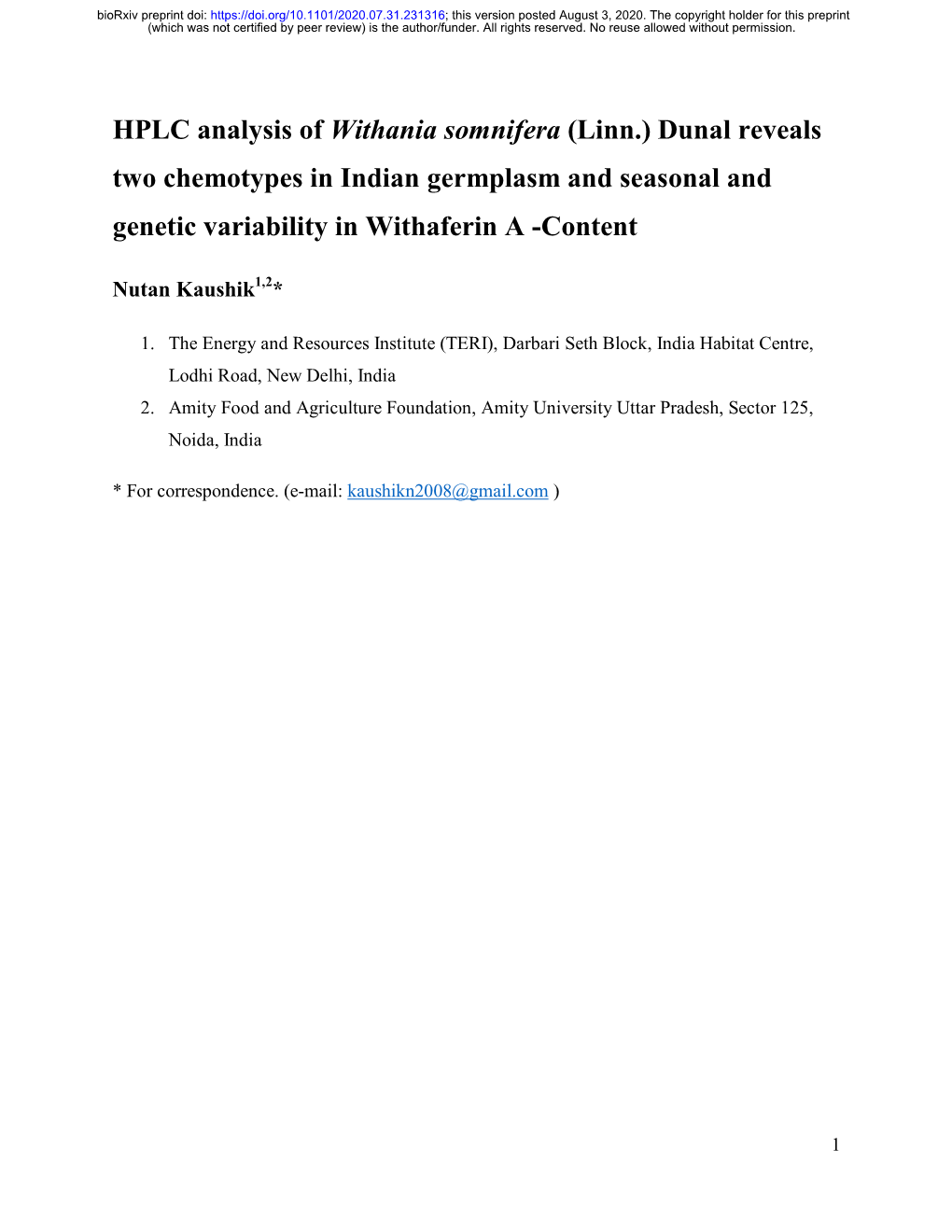 HPLC Analysis of Withania Somnifera (Linn.) Dunal Reveals Two Chemotypes in Indian Germplasm and Seasonal and Genetic Variability in Withaferin a -Content