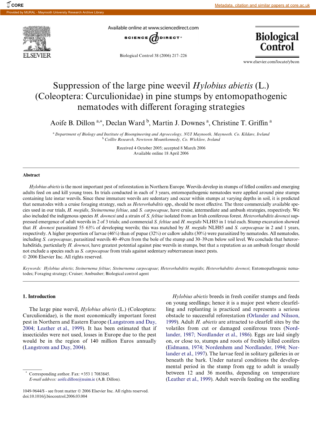 Suppression of the Large Pine Weevil Hylobius Abietis (L.) (Coleoptera: Curculionidae) in Pine Stumps by Entomopathogenic Nematodes with Diverent Foraging Strategies