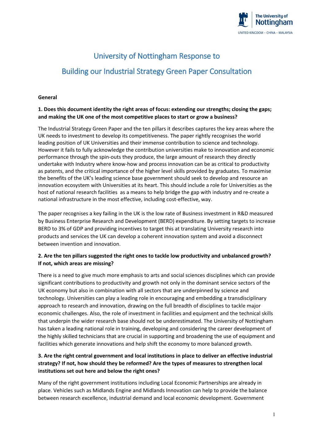 University of Nottingham Response to Building Our Industrial Strategy Green Paper Consultation