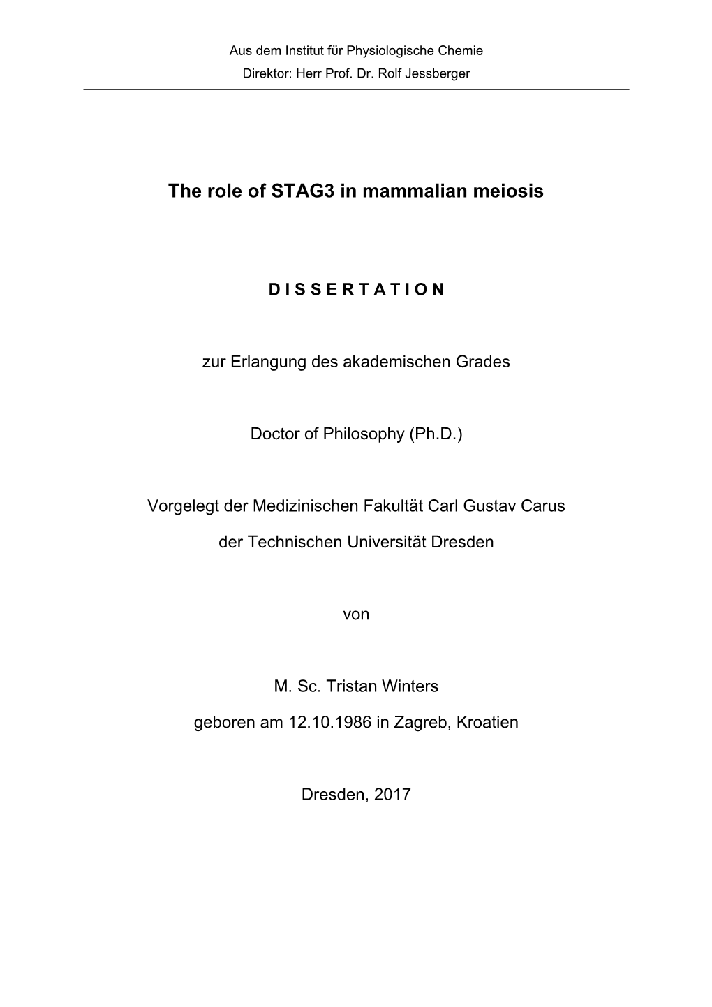 The Role of STAG3 in Mammalian Meiosis