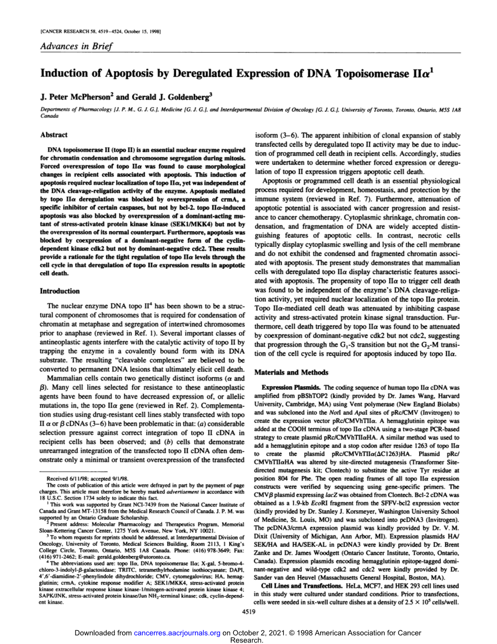 Induction of Apoptosis by Deregulated Expression of DNA Topoisomerase Ila1