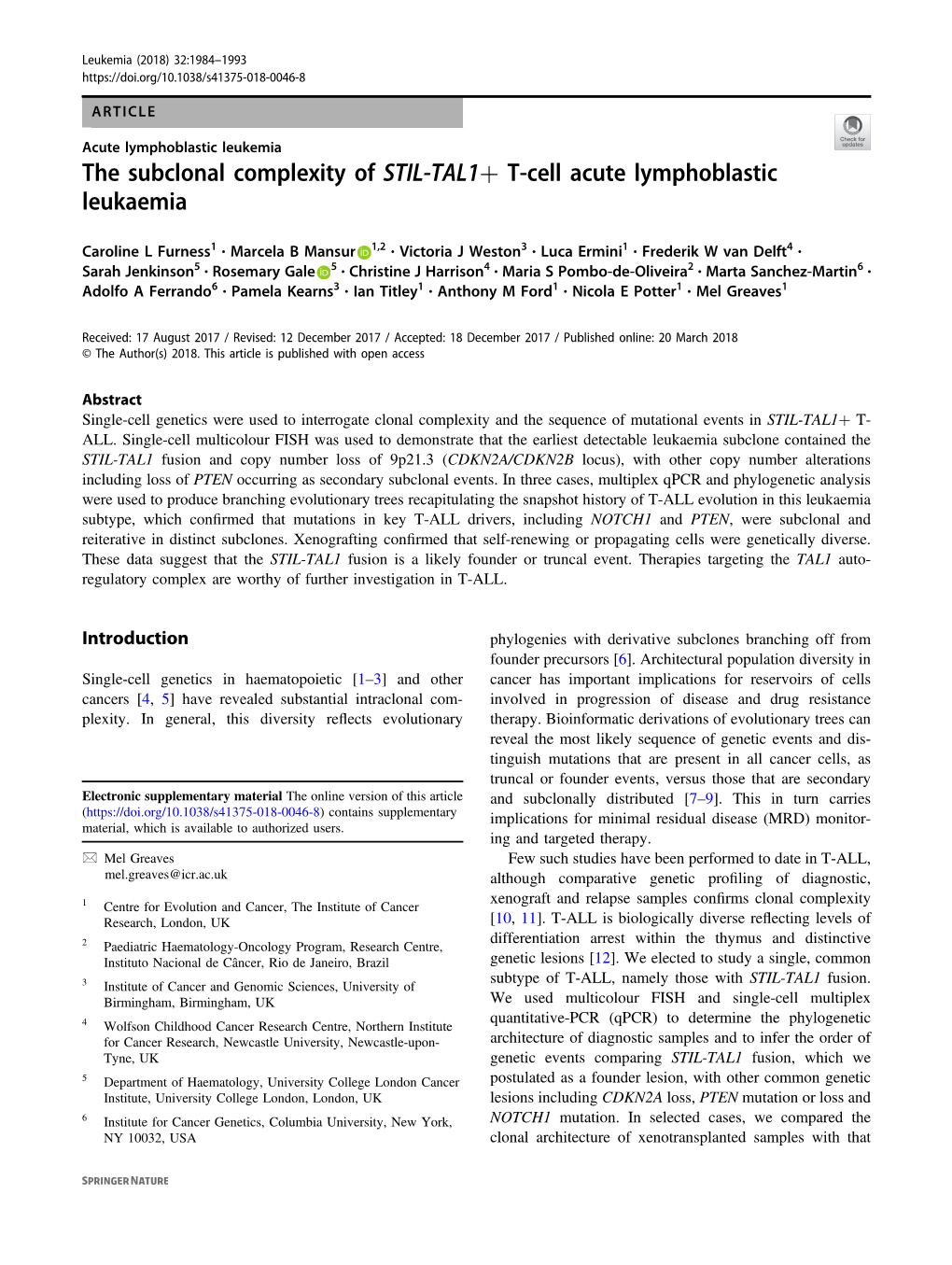 The Subclonal Complexity of STIL-TAL1+ T-Cell Acute Lymphoblastic Leukaemia