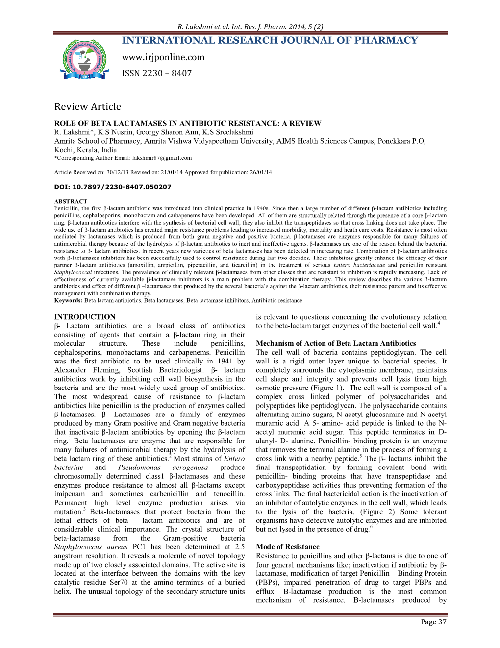 Role of Beta Lactamases in Antibiotic Resistance: a Review R