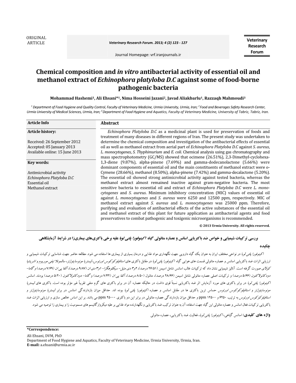 Chemical Composition and in Vitro Antibacterial Activity of Essential Oil and Methanol Extract of Echinophora Platyloba D.C Agai