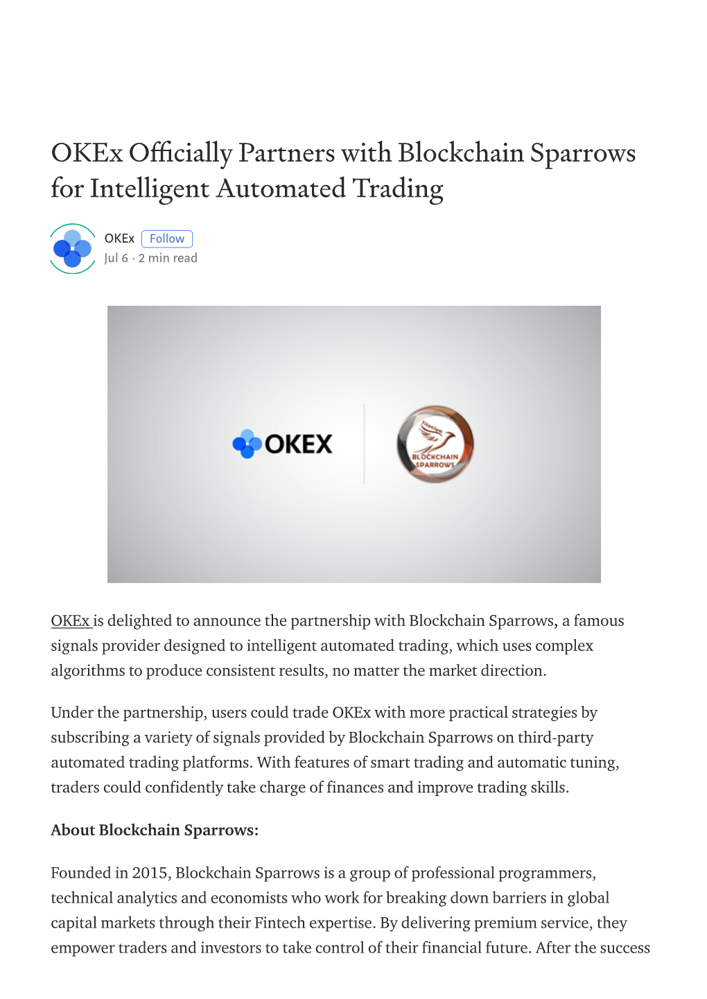 Okex O Cially Partners with Blockchain Sparrows for Intelligent