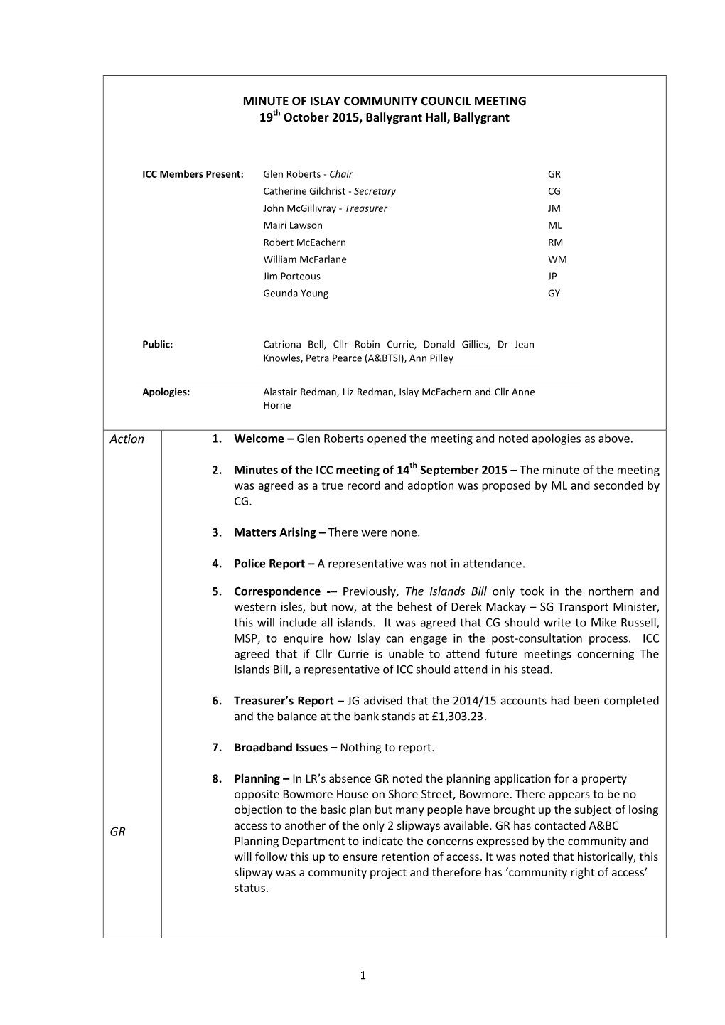 MINUTE of ISLAY COMMUNITY COUNCIL MEETING 19Th October 2015, Ballygrant Hall, Ballygrant