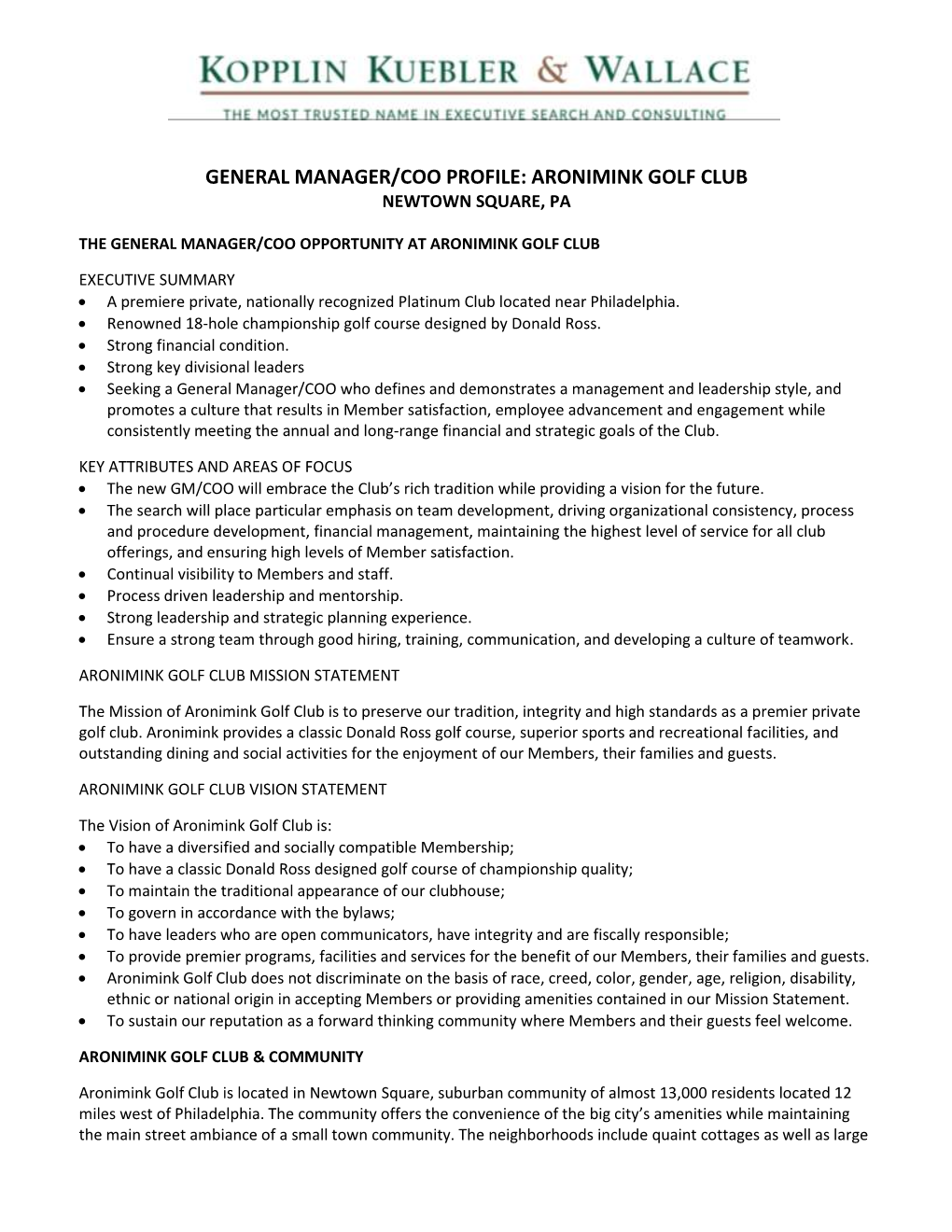 General Manager/Coo Profile: Aronimink Golf Club Newtown Square, Pa