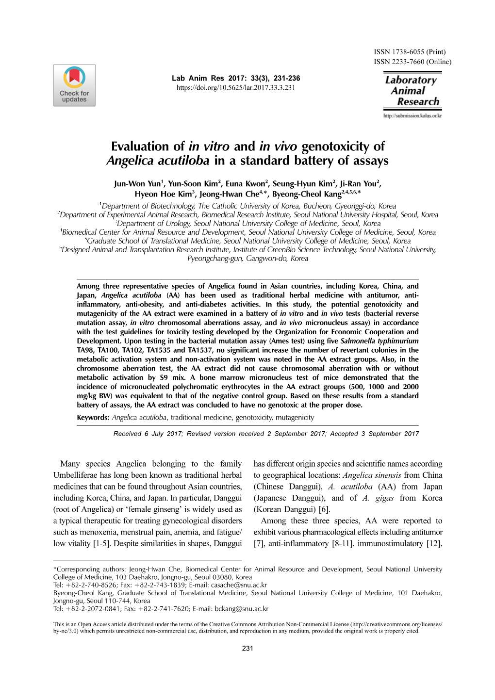 Evaluation of in Vitro and in Vivo Genotoxicity of Angelica Acutiloba in a Standard Battery of Assays