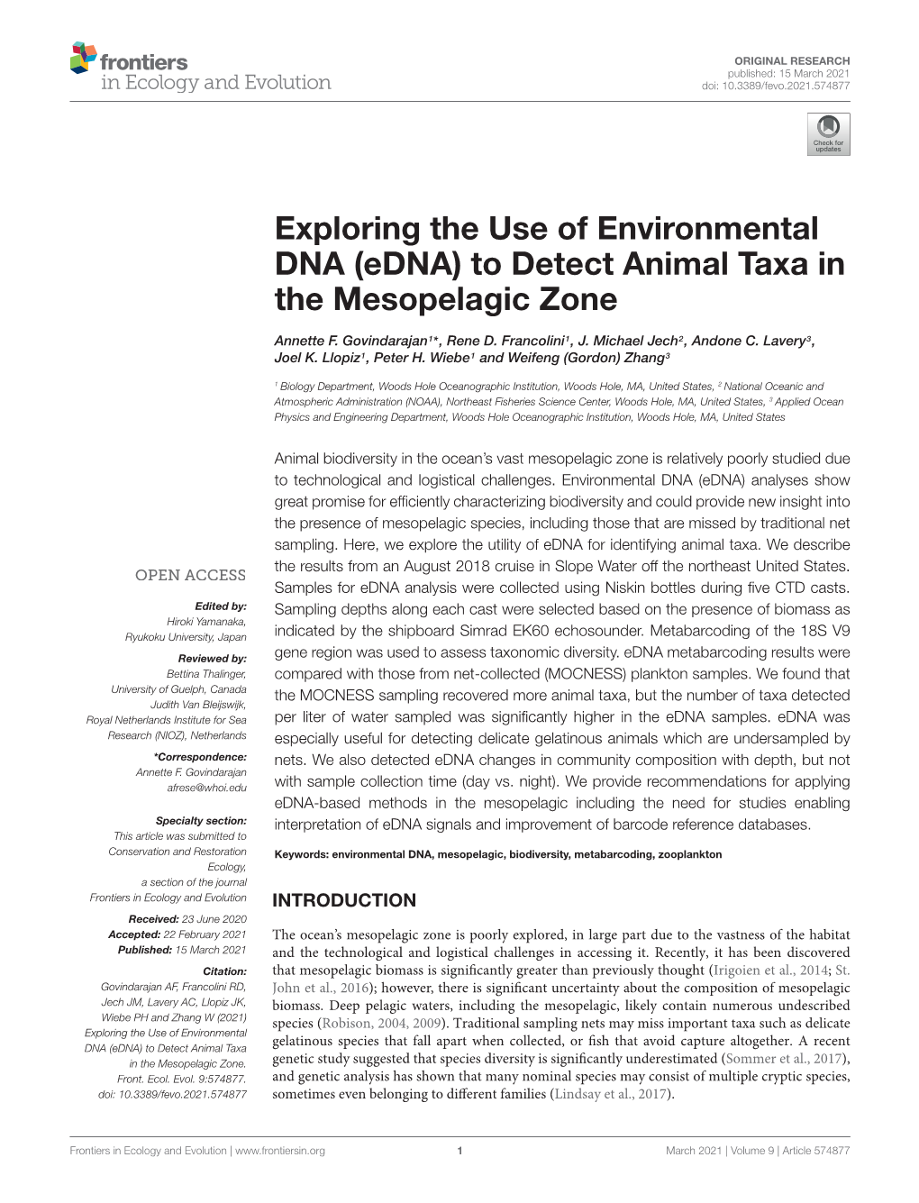 Exploring the Use of Environmental DNA (Edna) to Detect Animal Taxa in the Mesopelagic Zone