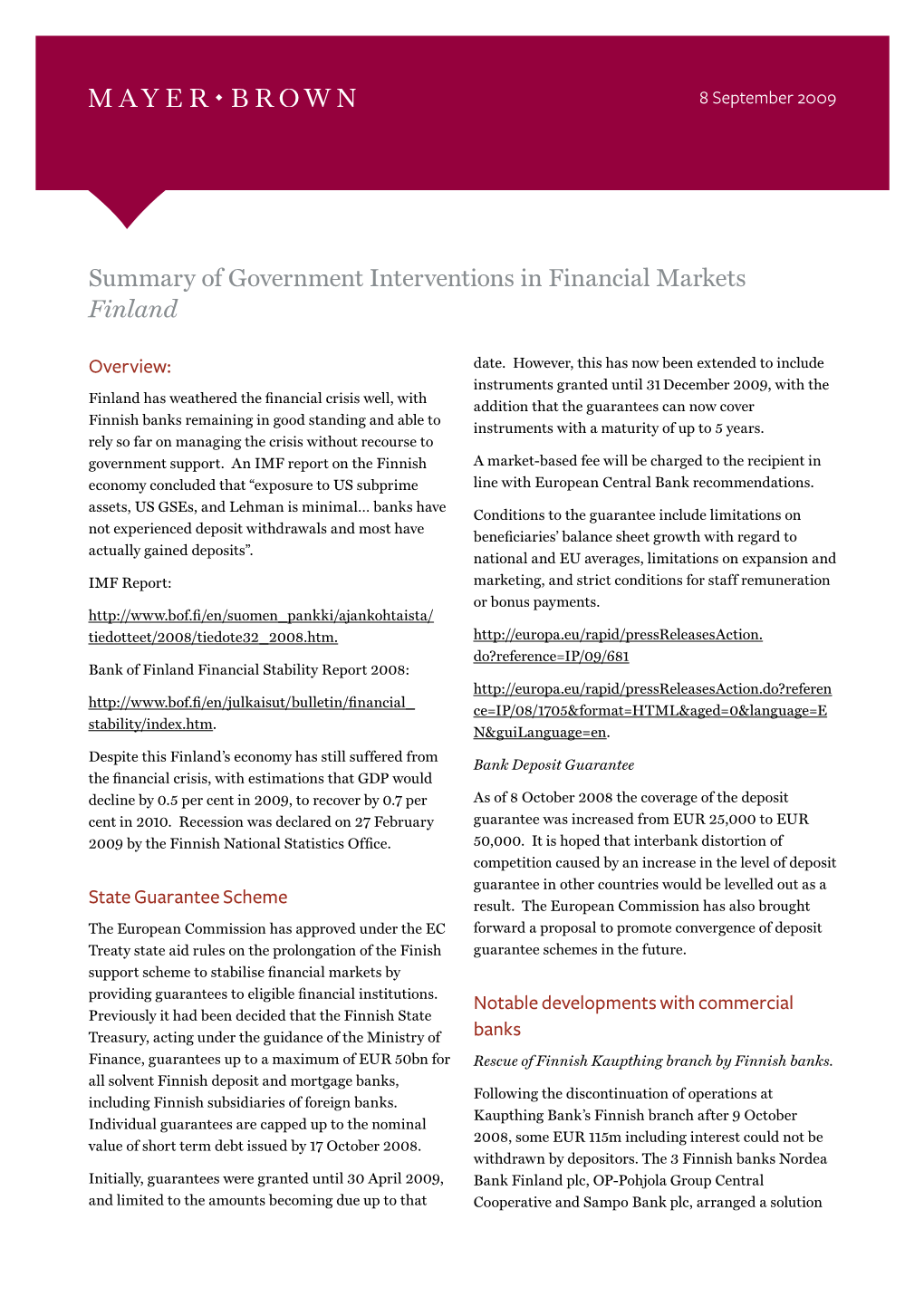 Summary of Government Interventions in Financial Markets Finland