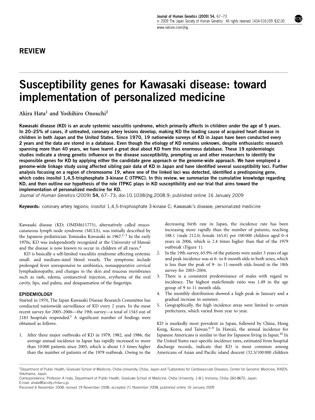 Susceptibility Genes for Kawasaki Disease: Toward Implementation of Personalized Medicine