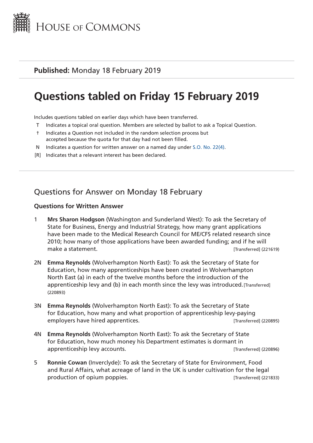 Questions Tabled on Fri 15 Feb 2019