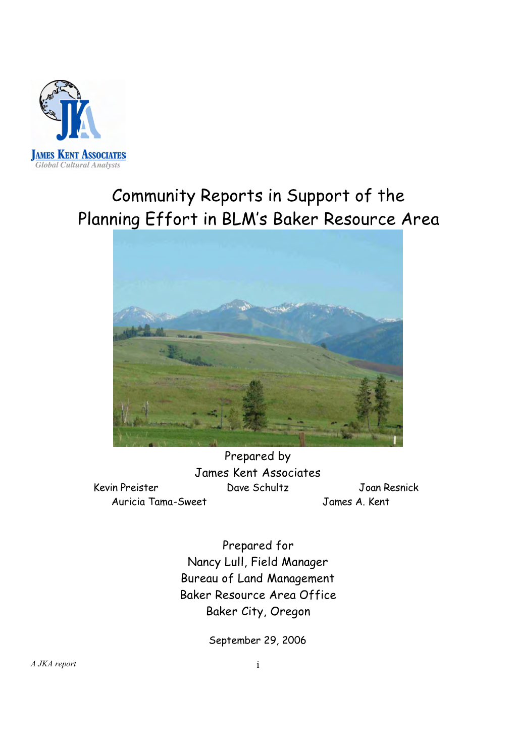 Community Assessment in the Baker Resource Area, Baker City, Oregon