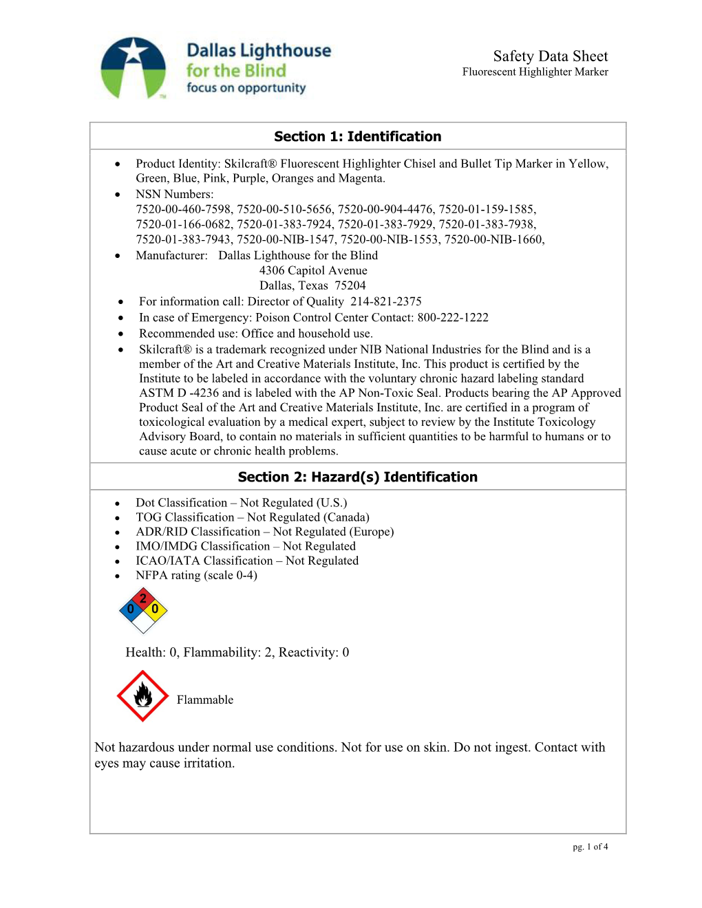 Safety Data Sheet Fluorescent Highlighter Marker