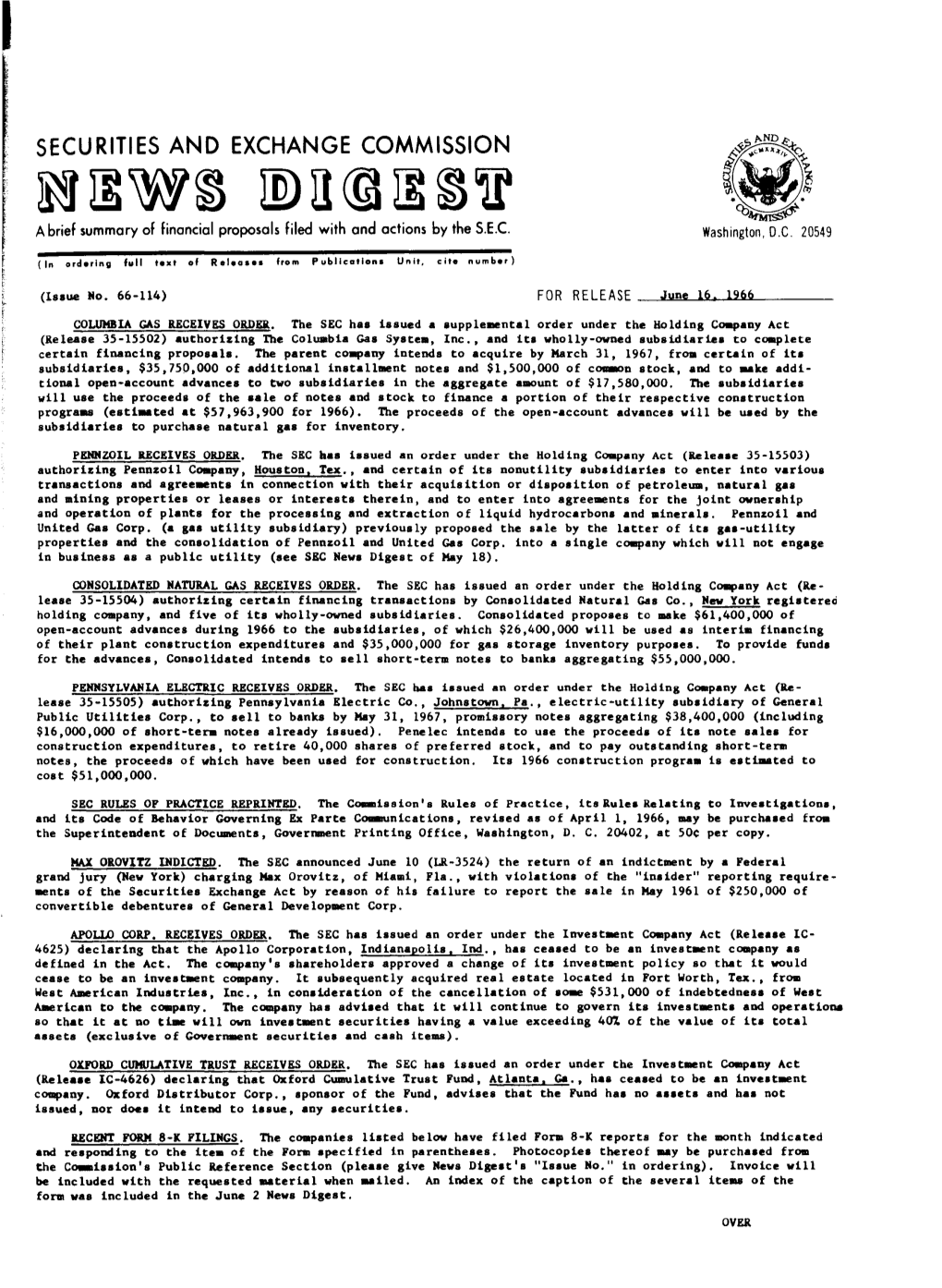 SEC News Digest, 06-16-1966