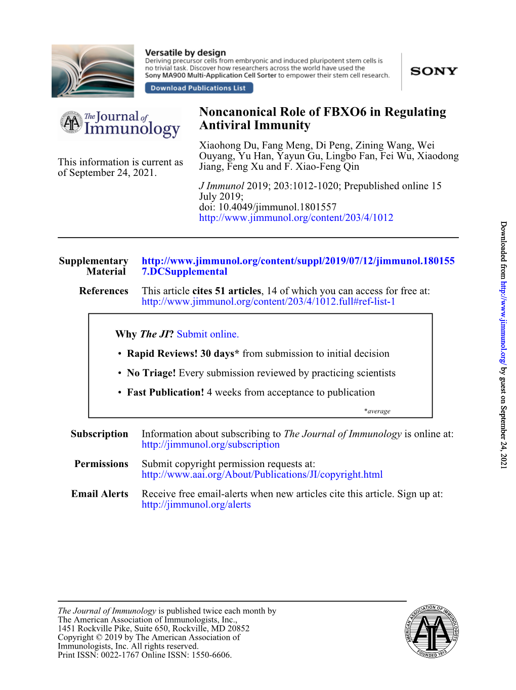 Noncanonical Role of FBXO6 in Regulating Antiviral Immunity