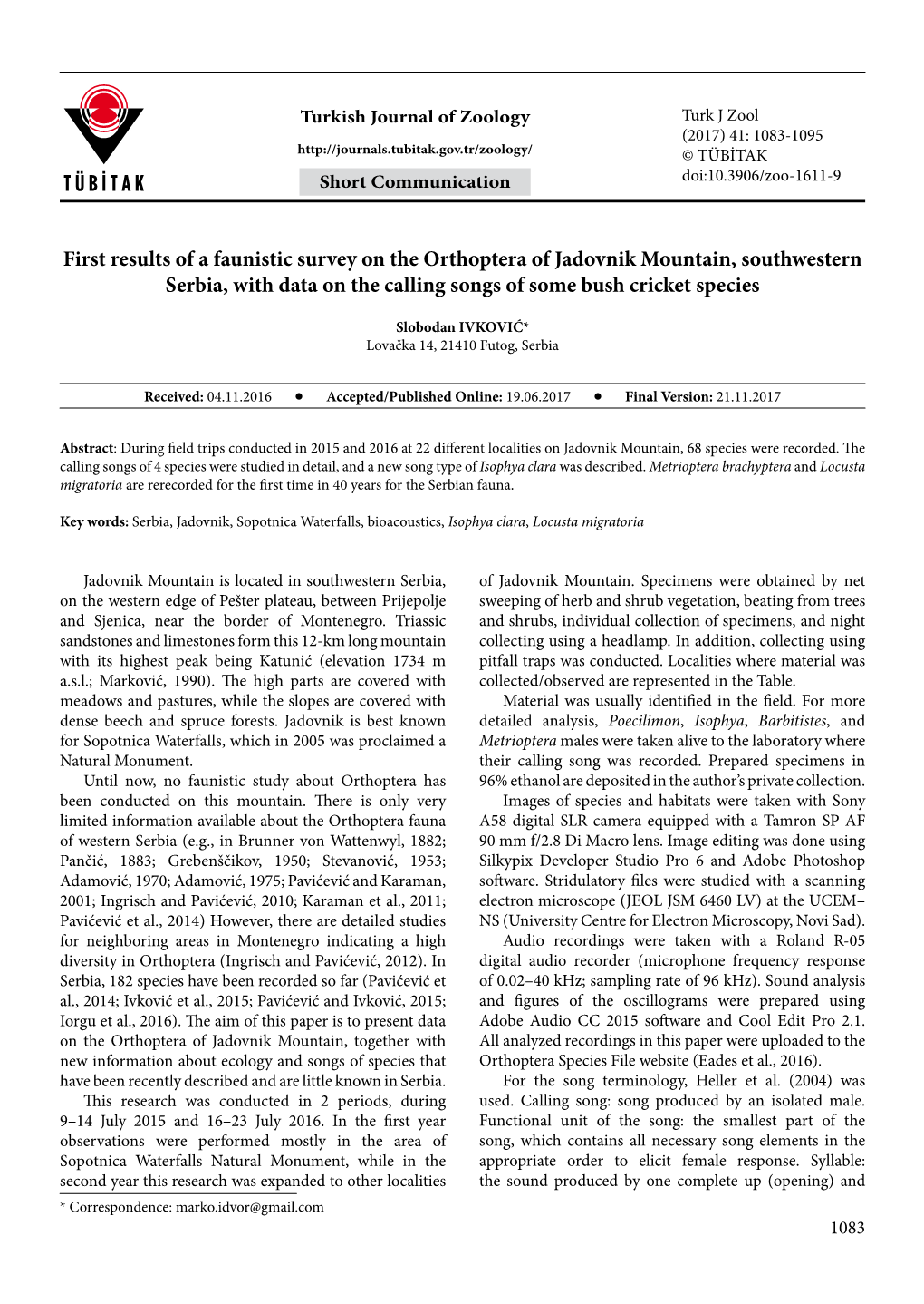 First Results of a Faunistic Survey on the Orthoptera of Jadovnik Mountain, Southwestern Serbia, with Data on the Calling Songs of Some Bush Cricket Species