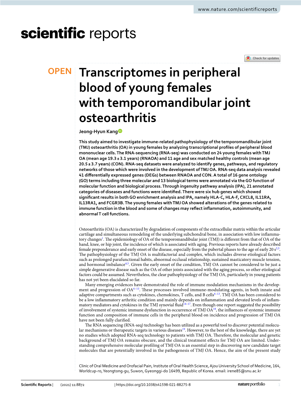 Transcriptomes in Peripheral Blood of Young Females with Temporomandibular Joint Osteoarthritis Jeong‑Hyun Kang