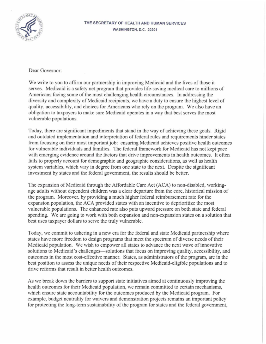 Secretary Price and CMS Administrator Verma Letter