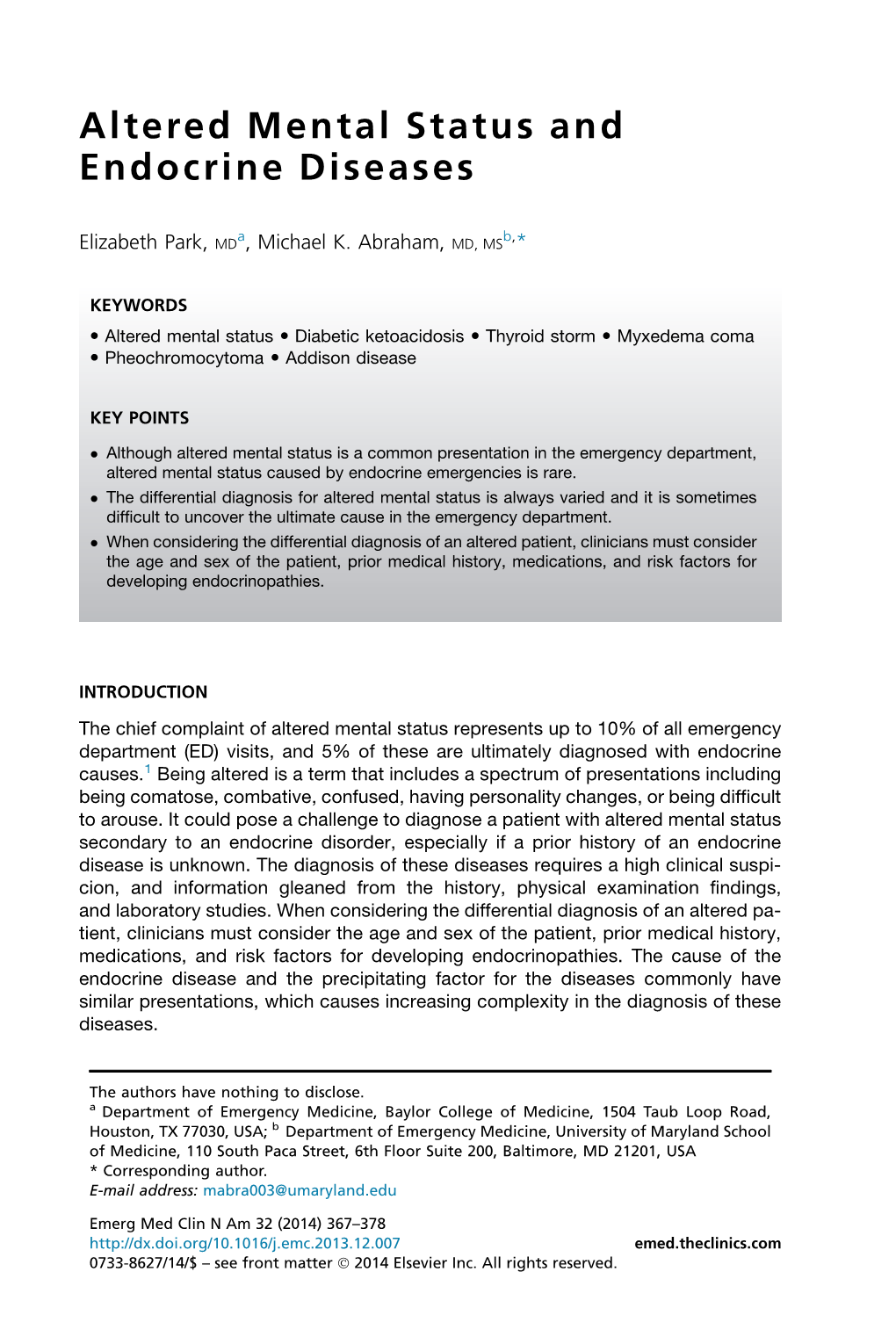 Altered Mental Status and Endocrine Diseases