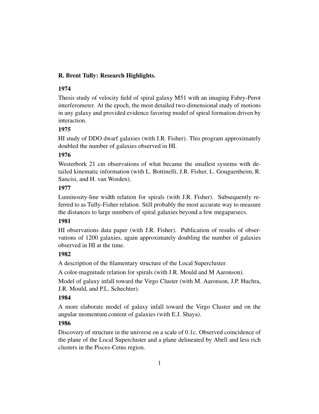 R. Brent Tully: Research Highlights. 1974 Thesis Study of Velocity Field Of