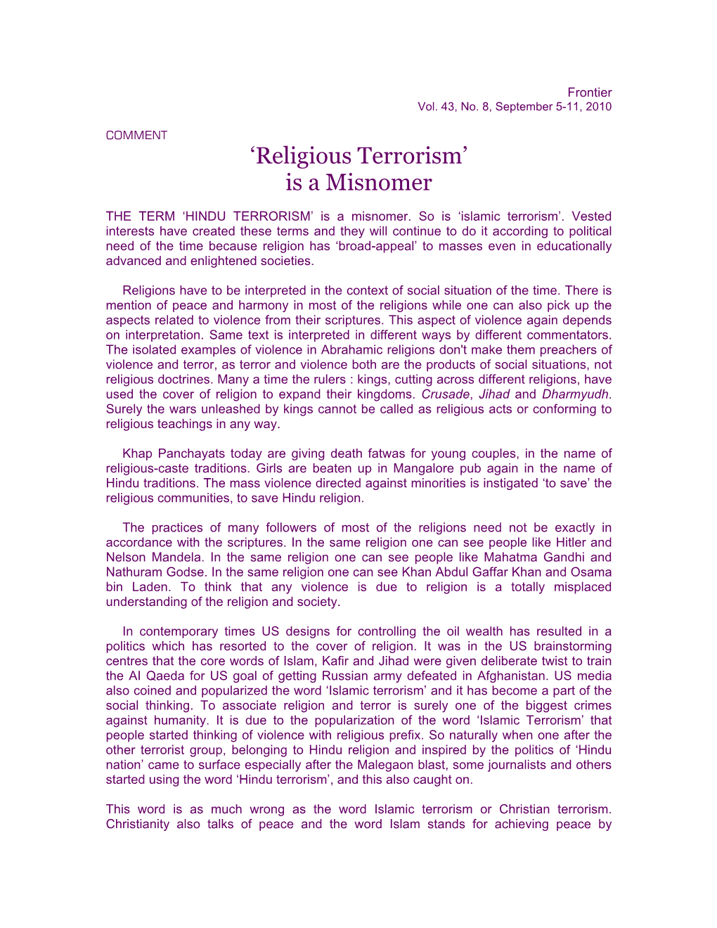 Religious Terrorism’ Is a Misnomer