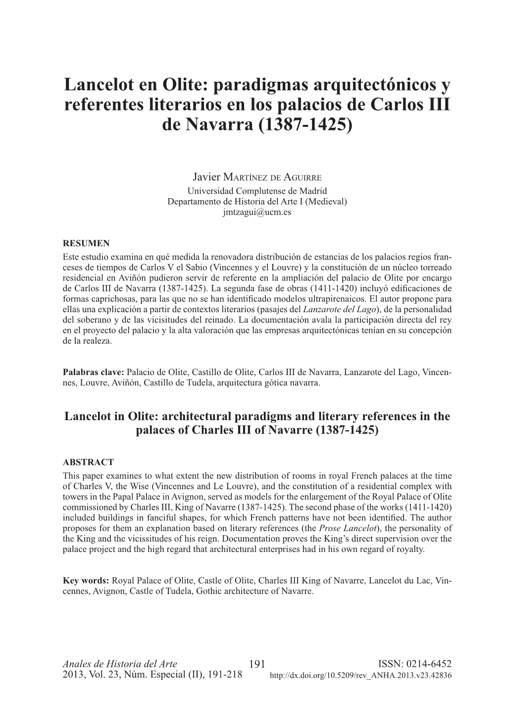 Lancelot En Olite: Paradigmas Arquitectónicos Y Referentes Literarios En Los Palacios De Carlos III De Navarra (1387-1425)