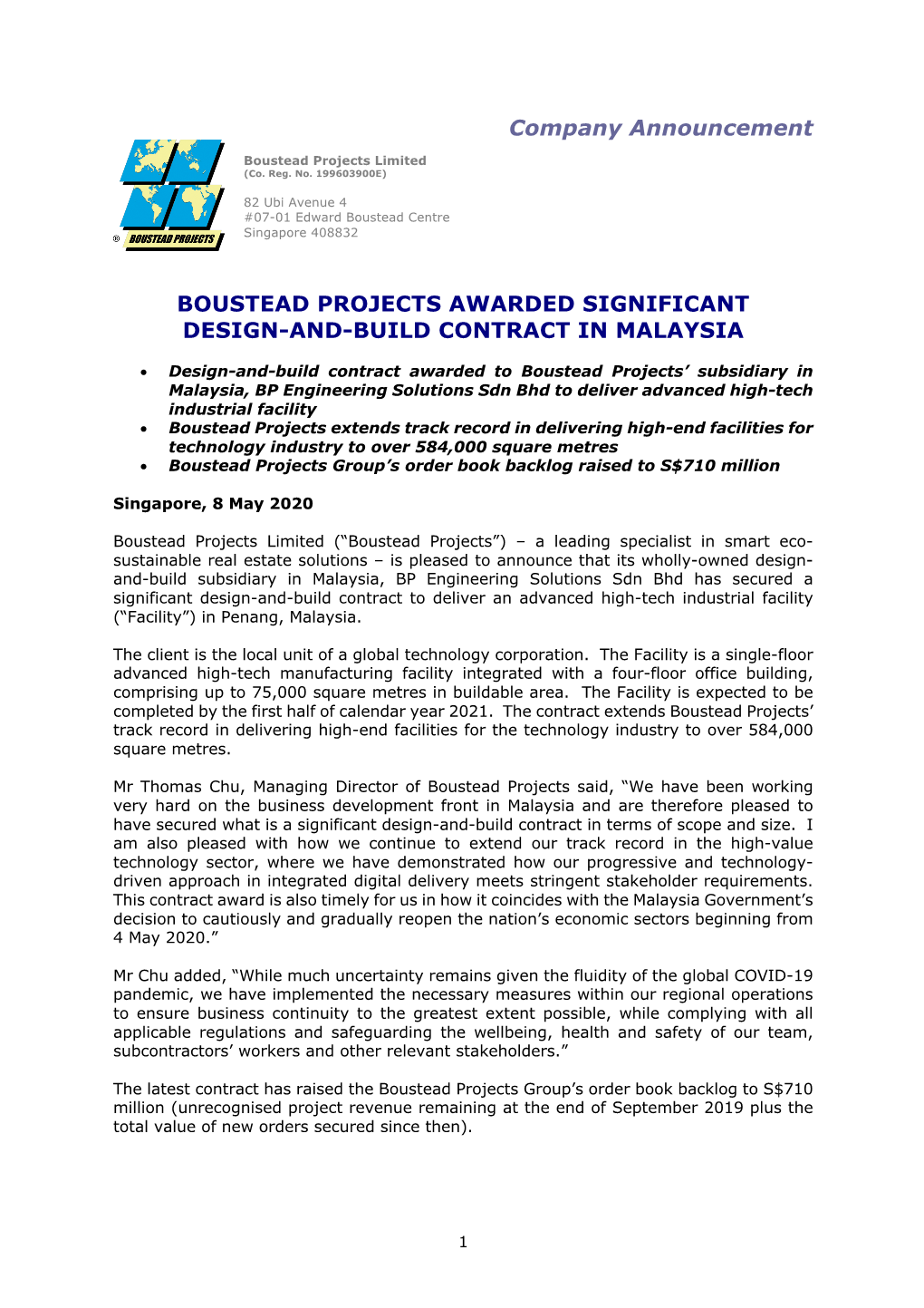 Company Announcement BOUSTEAD PROJECTS AWARDED