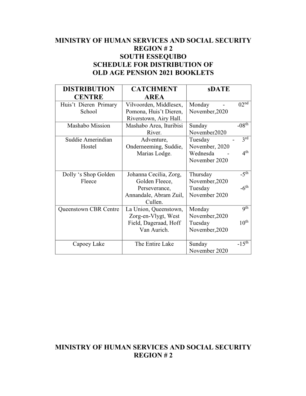 Ministry of Human Services and Social Security Region # 2 South Essequibo Schedule for Distribution of Old Age Pension 2021 Booklets