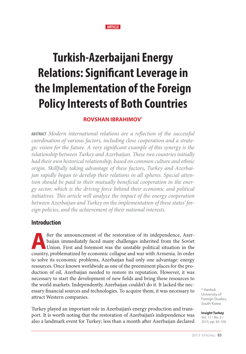 Turkish-Azerbaijani Energy Relations: Significantarticle Leverage in the Implementation of the Foreign Policy Interests of Both Countries