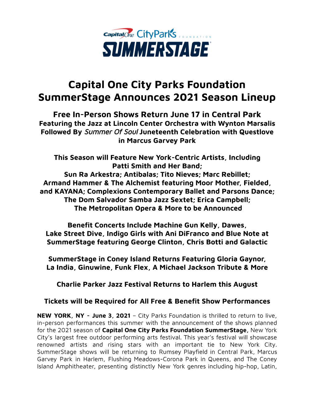 Summerstage Season Announcement June 3 2021 Press Release