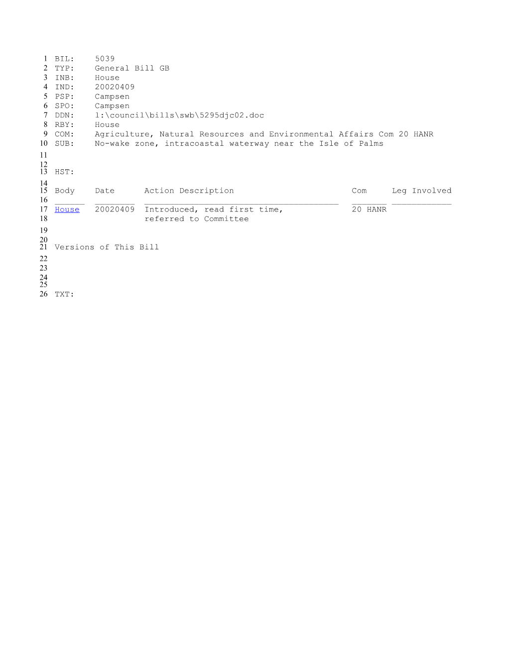 2001-2002 Bill 5039: No-Wake Zone, Intracoastal Waterway Near the Isle of Palms - South