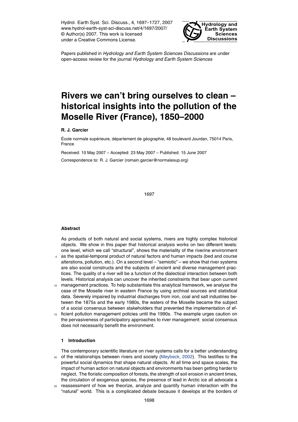 Historical Insights Into the Pollution of the Moselle River (France), 1850–2000