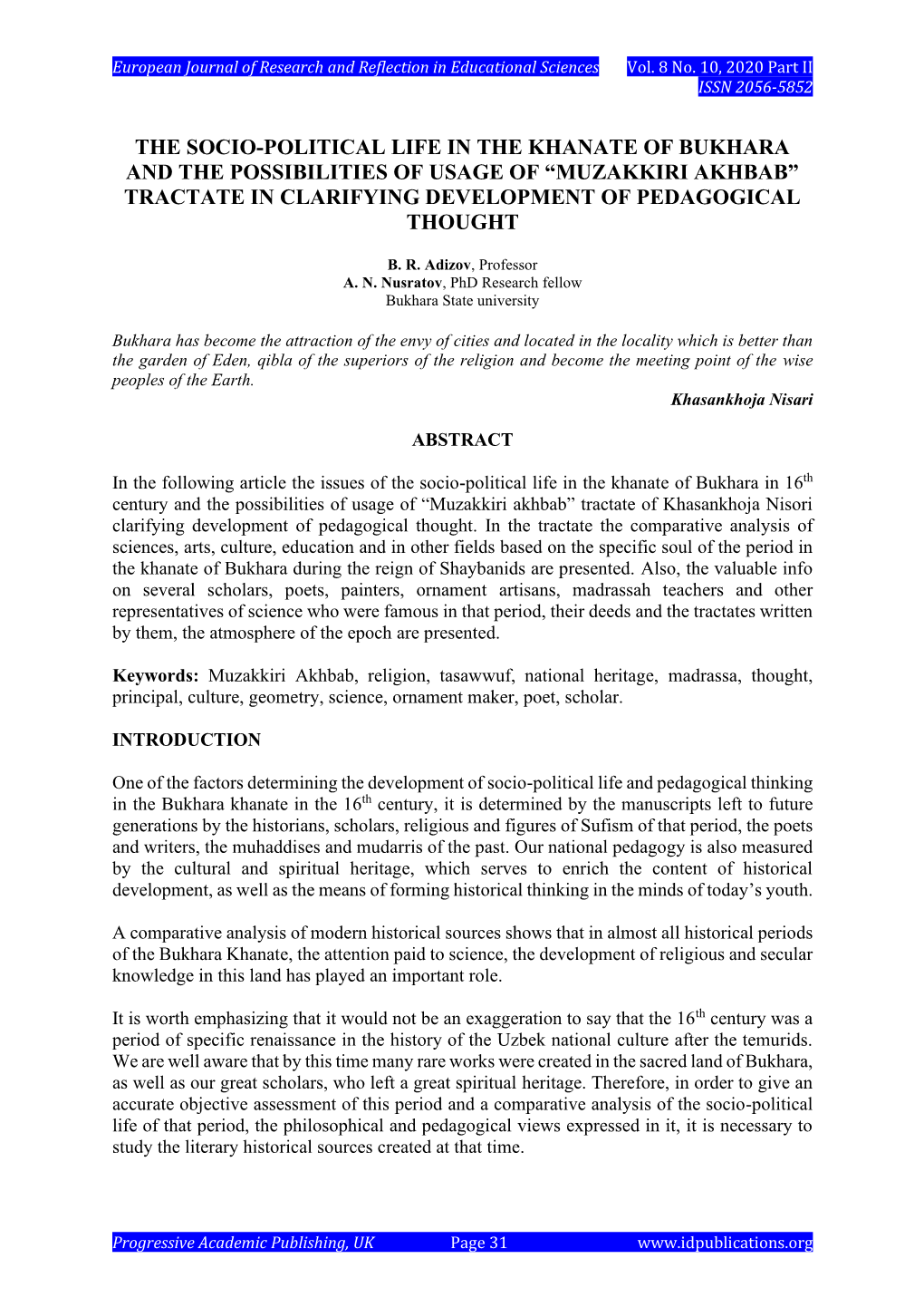 The Socio-Political Life in the Khanate of Bukhara and the Possibilities of Usage of “Muzakkiri Akhbab” Tractate in Clarifying Development of Pedagogical Thought