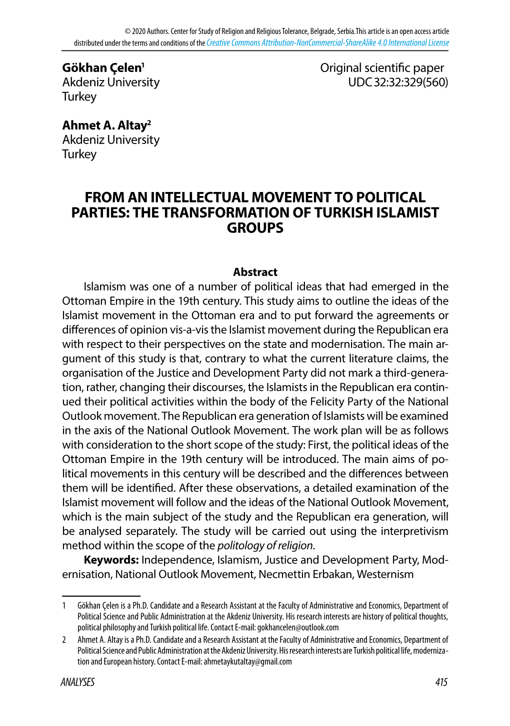 From an Intellectual Movement to Political Parties: the Transformation of Turkish Islamist Groups