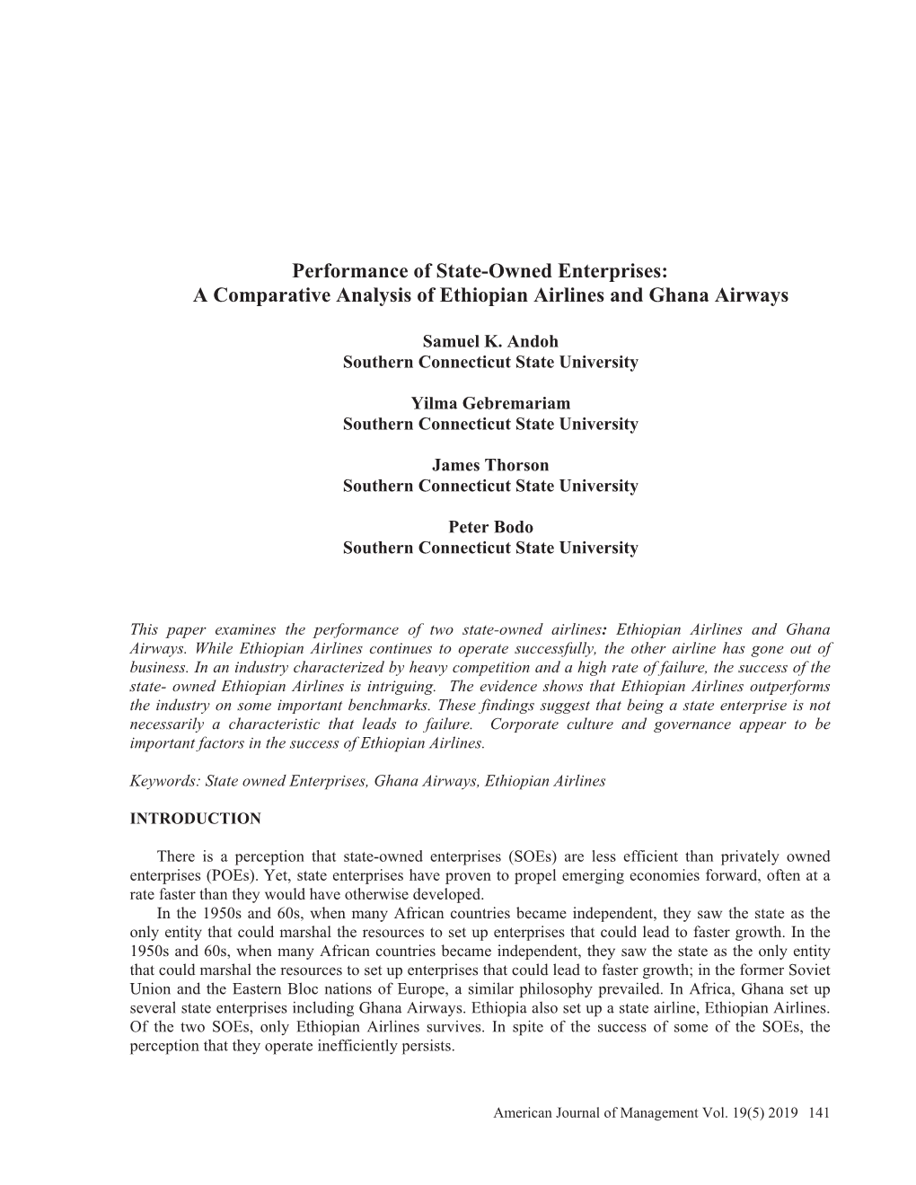 Performance of State-Owned Enterprises: a Comparative Analysis of Ethiopian Airlines and Ghana Airways