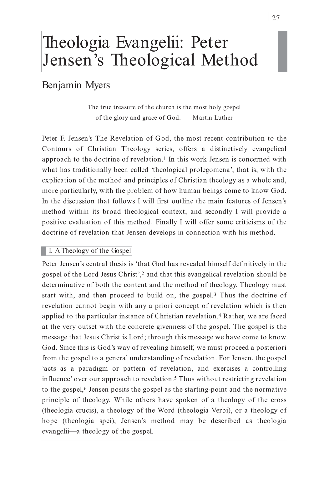 Theologia Evangelii: Peter Jensen's Theological Method