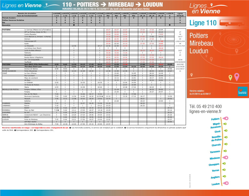 110 - POITIERS  MIREBEAU  LOUDUN HORAIRES VALABLES DU 01/09/16 AU 03/09/17 (Du Lundi Au Dimanche Sauf Jours Fériés)