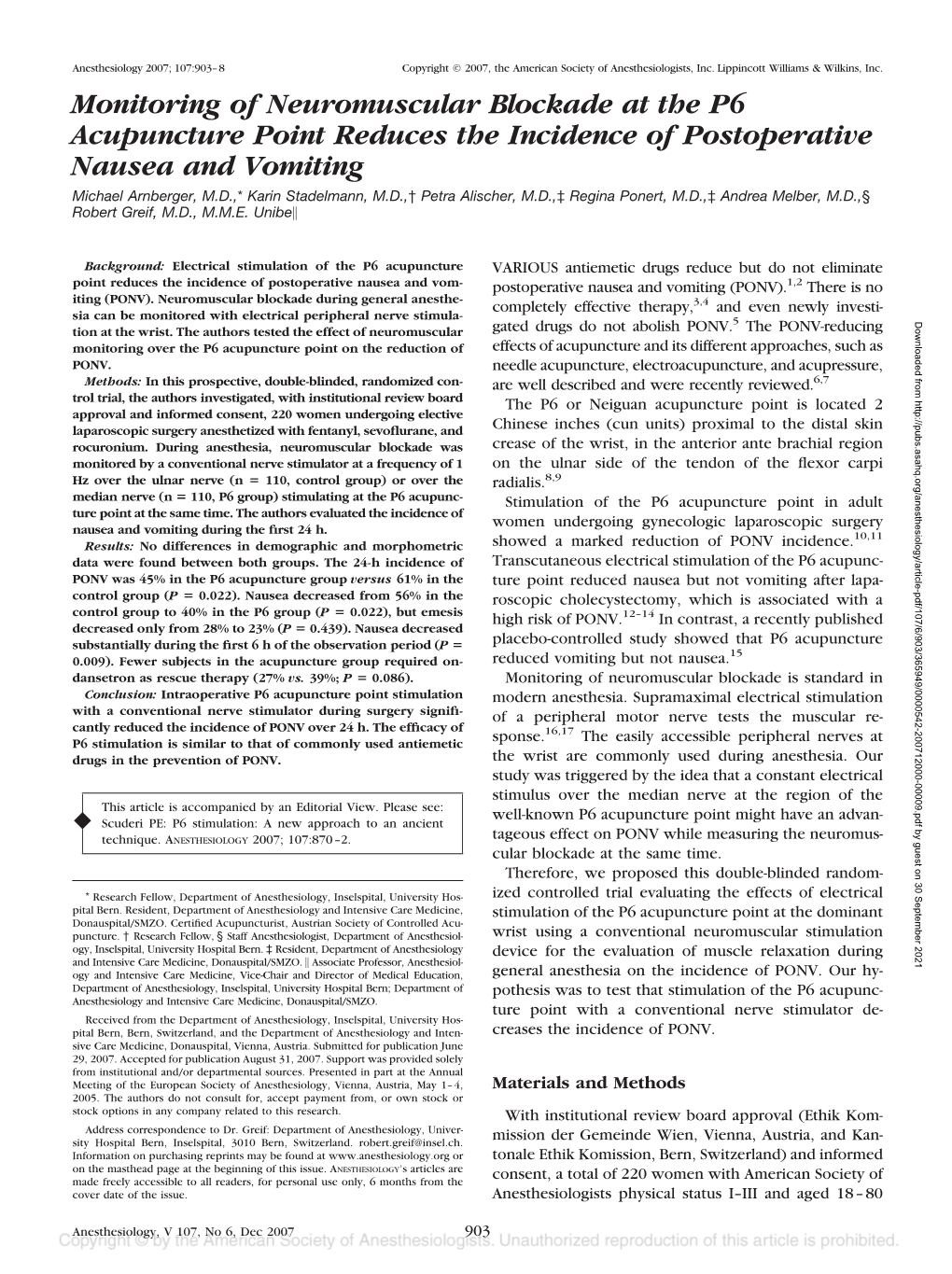 Monitoring of Neuromuscular Blockade at the P6 Acupuncture