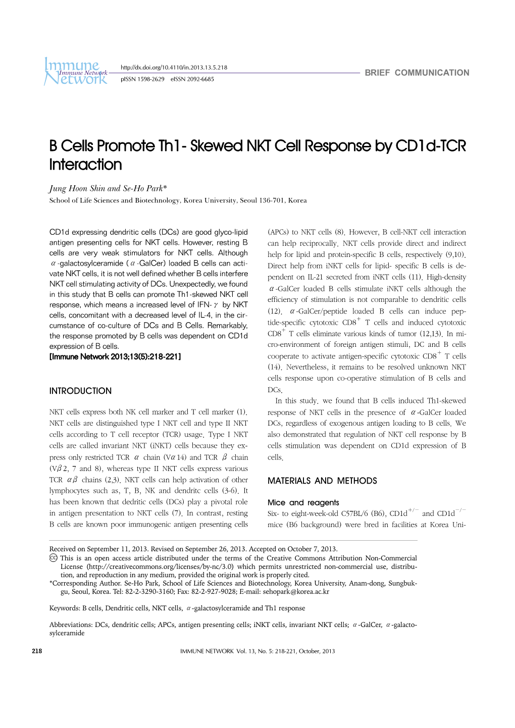 B Cells Promote Th1- Skewed NKT Cell Response by Cd1d-TCR Interaction