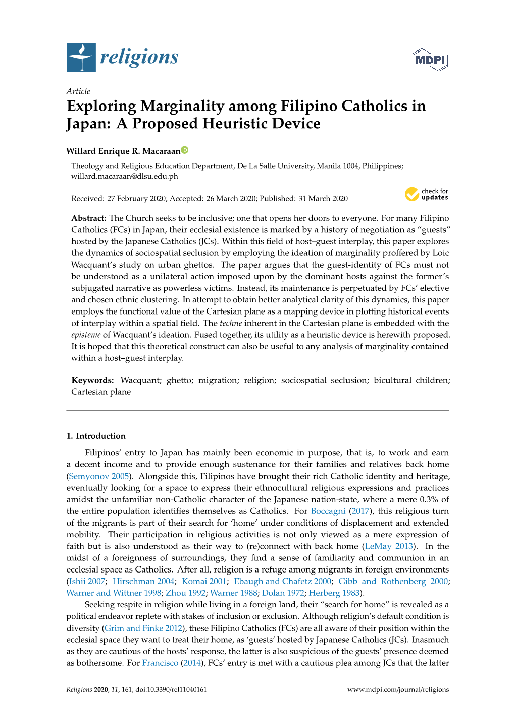 Exploring Marginality Among Filipino Catholics in Japan: a Proposed Heuristic Device