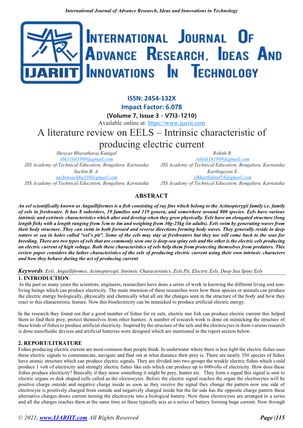 View on EELS – Intrinsic Characteristic of Producing Electric Current Shreyas Bharatharaj Katagal Rohith R