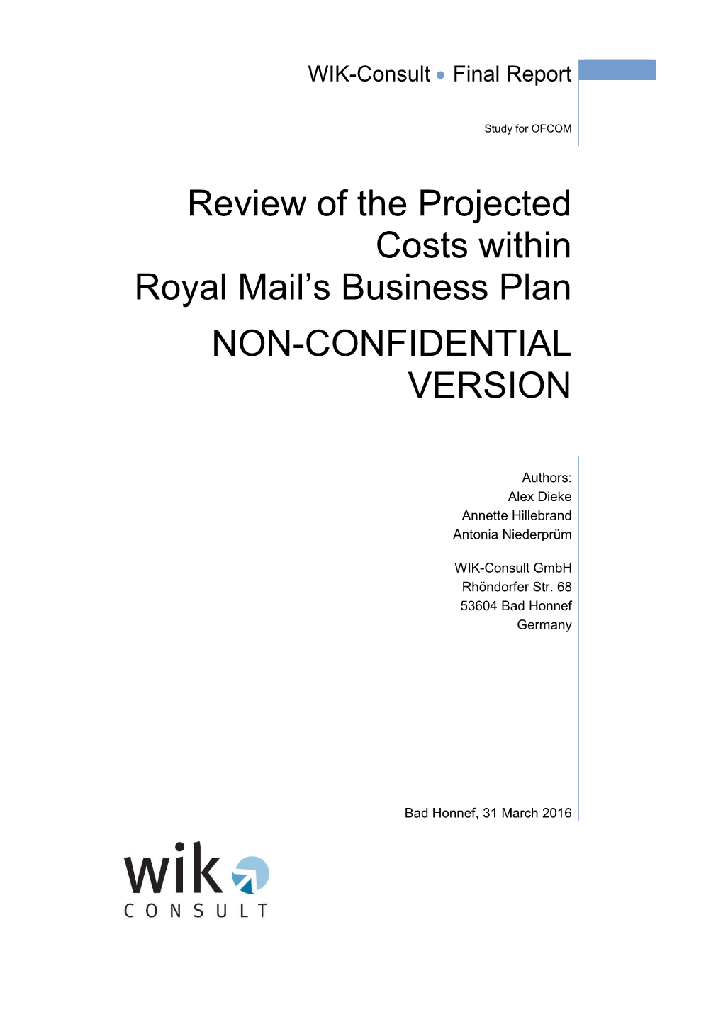 Review of the Projected Costs Within Royal Mail's Business Plan NON-CONFIDENTIAL VERSION