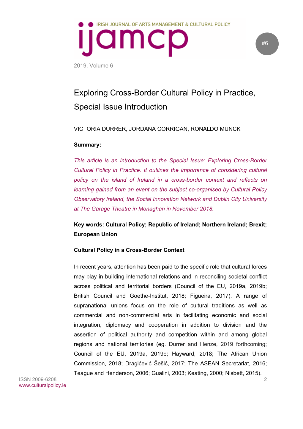 Exploring Cross-Border Cultural Policy in Practice, Special Issue Introduction