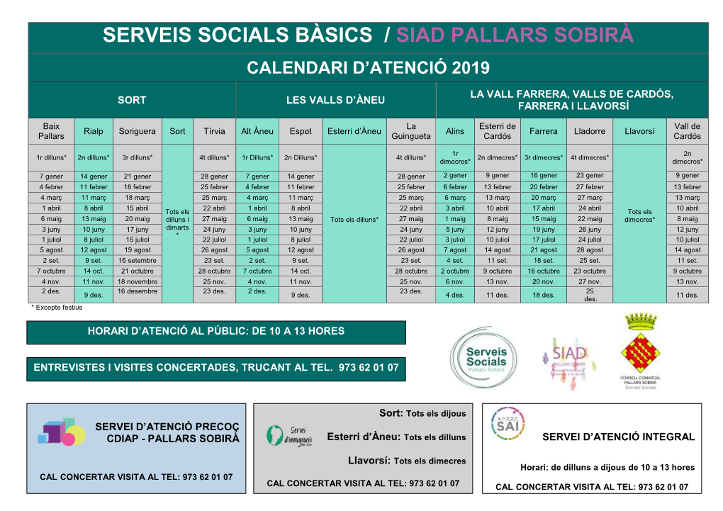 Serveis Socials Bàsics / Siad Pallars Sobirà Calendari D’Atenció 2019