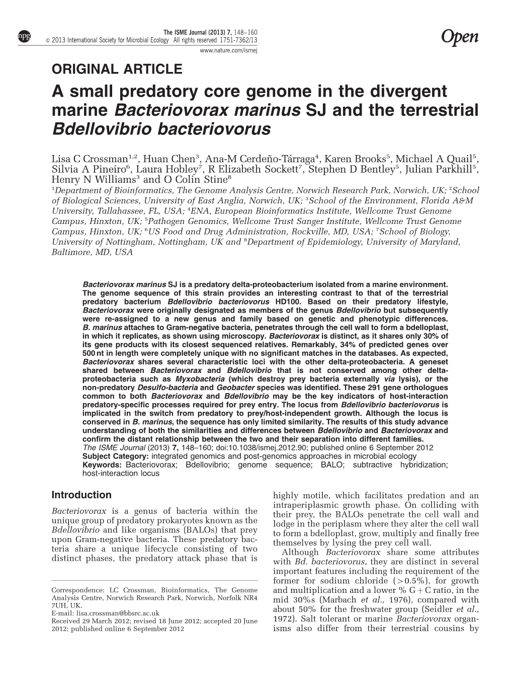 A Small Predatory Core Genome in the Divergent Marine Bacteriovorax Marinus SJ and the Terrestrial Bdellovibrio Bacteriovorus