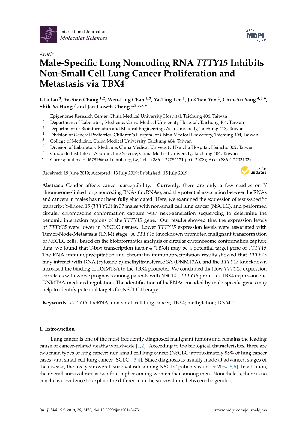 Male-Specific Long Noncoding RNA TTTY15 Inhibits Non-Small Cell