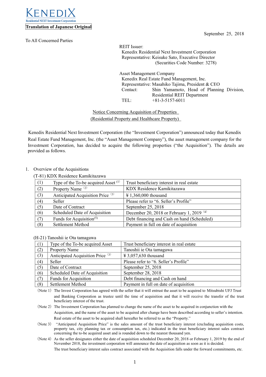 Notice Concerning Acquisition of Properties (Residential Property and Healthcare Property)