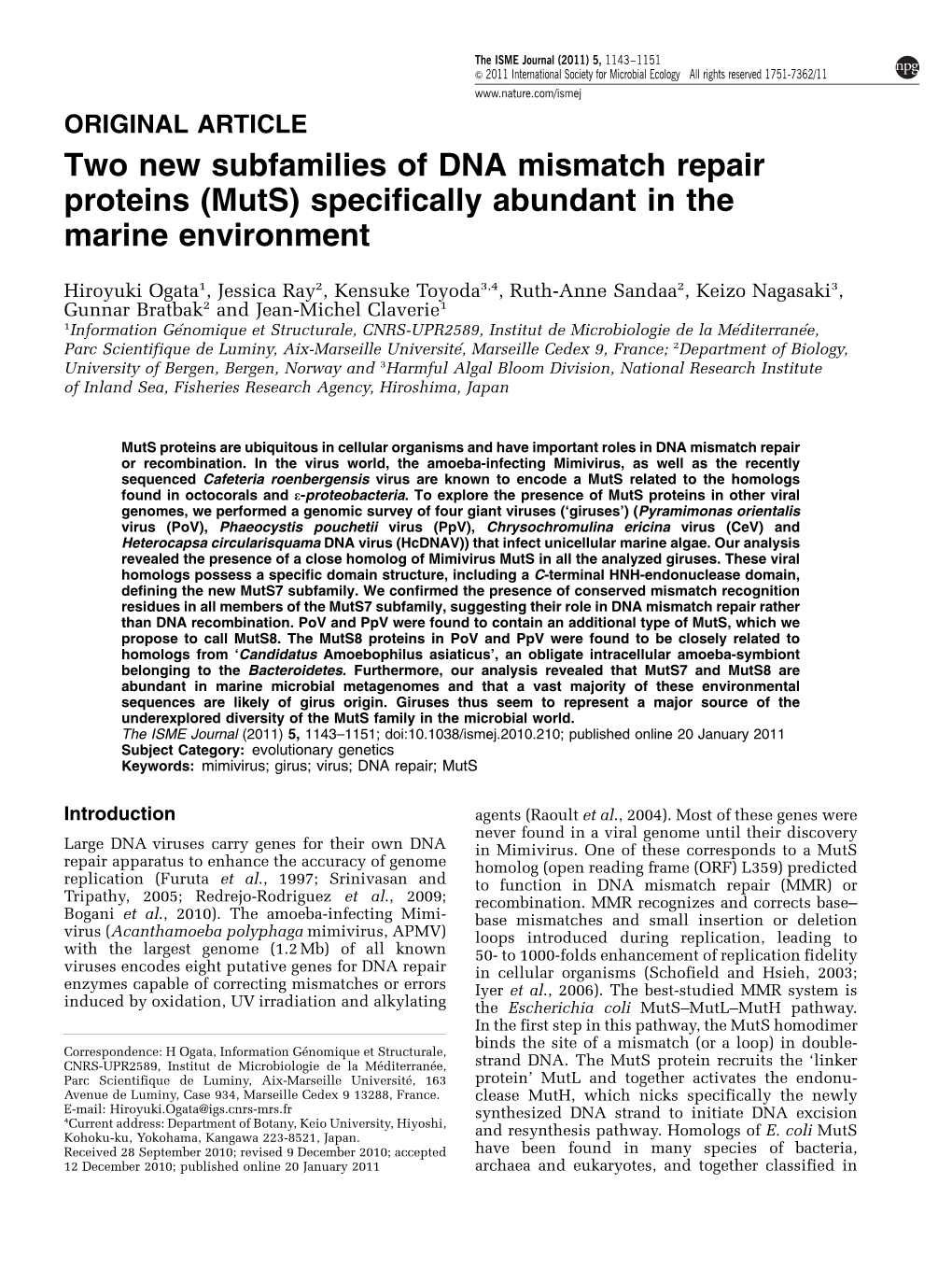 Two New Subfamilies of DNA Mismatch Repair Proteins (Muts) Specifically Abundant in the Marine Environment